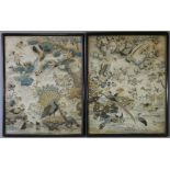 A pair of 19th century Chinese silk embroidery panels, each decorated with birds amongst foliage, in