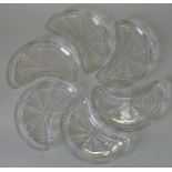 A set of six Lalique ‘Pissenlit’ pattern moulded frosted & clear glass crescent-shaped dishes, 8”