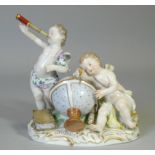 A Meissen porcelain figure group emblematic of astronomy, with two putti – one gazing through a