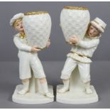 A pair of Royal Worcester porcelain “Kate Greenaway” type standing figures of children, ivory &