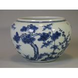 A Chinese blue & white porcelain ‘three friends’ jardiniere of squat round form, with painted