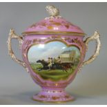 A MID-19th century COALPORT PORCELAIN TWO-HANDLED TROPHY VASE, of pink ground with gilt grapevine