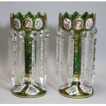 A PAIR OF 19th century BOHEMIAN GREEN & WHITE-OVERLAID GLASS CANDLE LUSTRES, with alternating oval