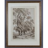 A 19th century sepia watercolour painting of figures beneath trees in parkland; dated 1874, 14½” x