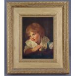 ENGLISH SCHOOL, 19th century. A head-&-shoulders portrait of a young girl holding an apple; oil on