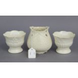 A Belleek porcelain “Snowflake” pattern 4½” vase, brown mark; a pair of Belleek pedestal bowls,