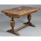 An oak draw-leaf dining table, on bulbous turned end supports joined by a centre stretcher, 84¼”