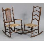 An oak rocking elbow chair, with cane back & rush seat on barley-twist & turned supports; &