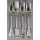 Four various 19th century Fiddle pattern table forks, one Exeter 1841 by Rbt. Williams & Sons, the