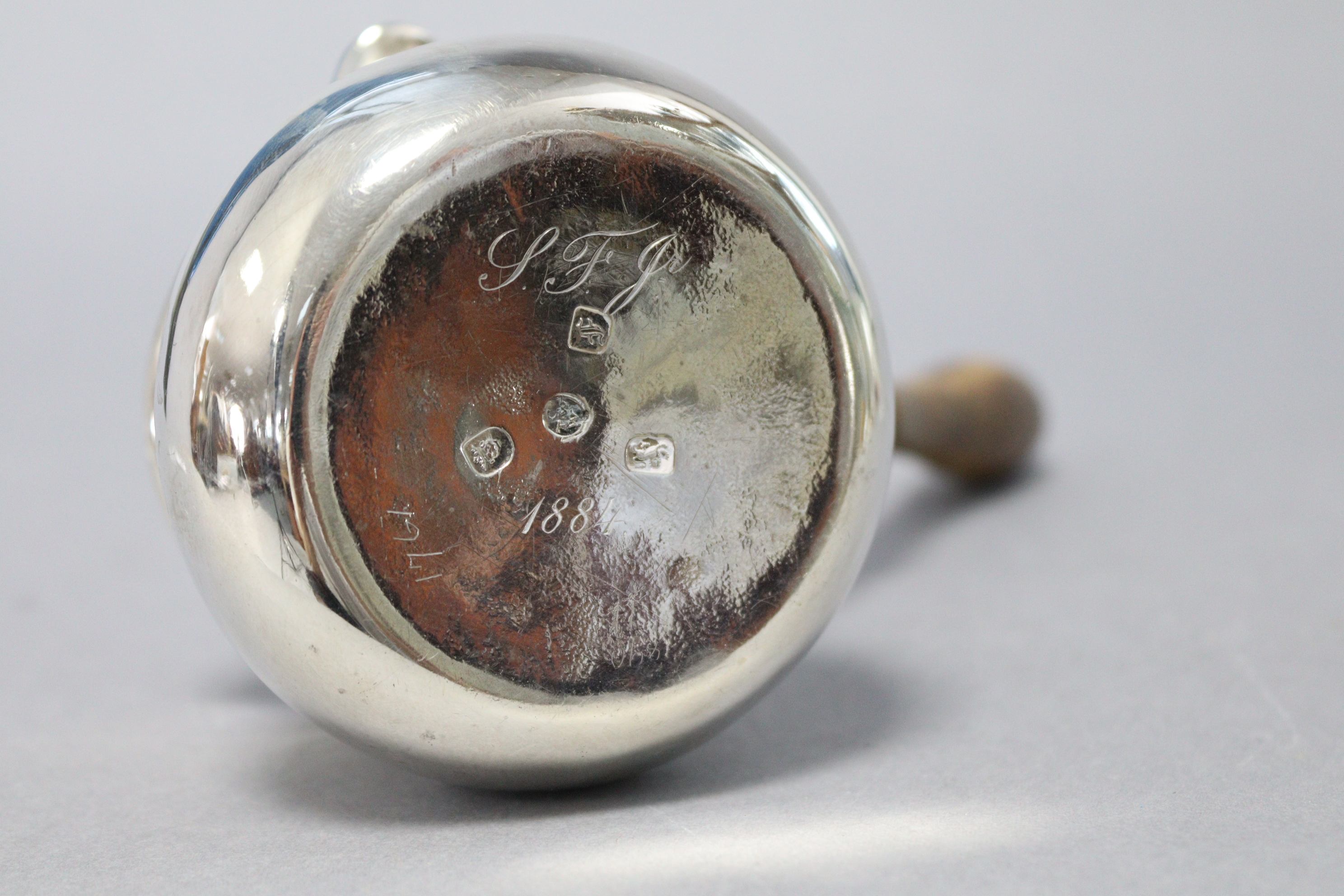 An early George III silver brandy saucepan of squat round shape, with engraved monogram & turned - Image 3 of 3