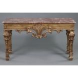 A LOUIS XIV-STYLE GILTWOOD RECTANGULAR SERVING TABLE with rouge marble top & carved & on tapered