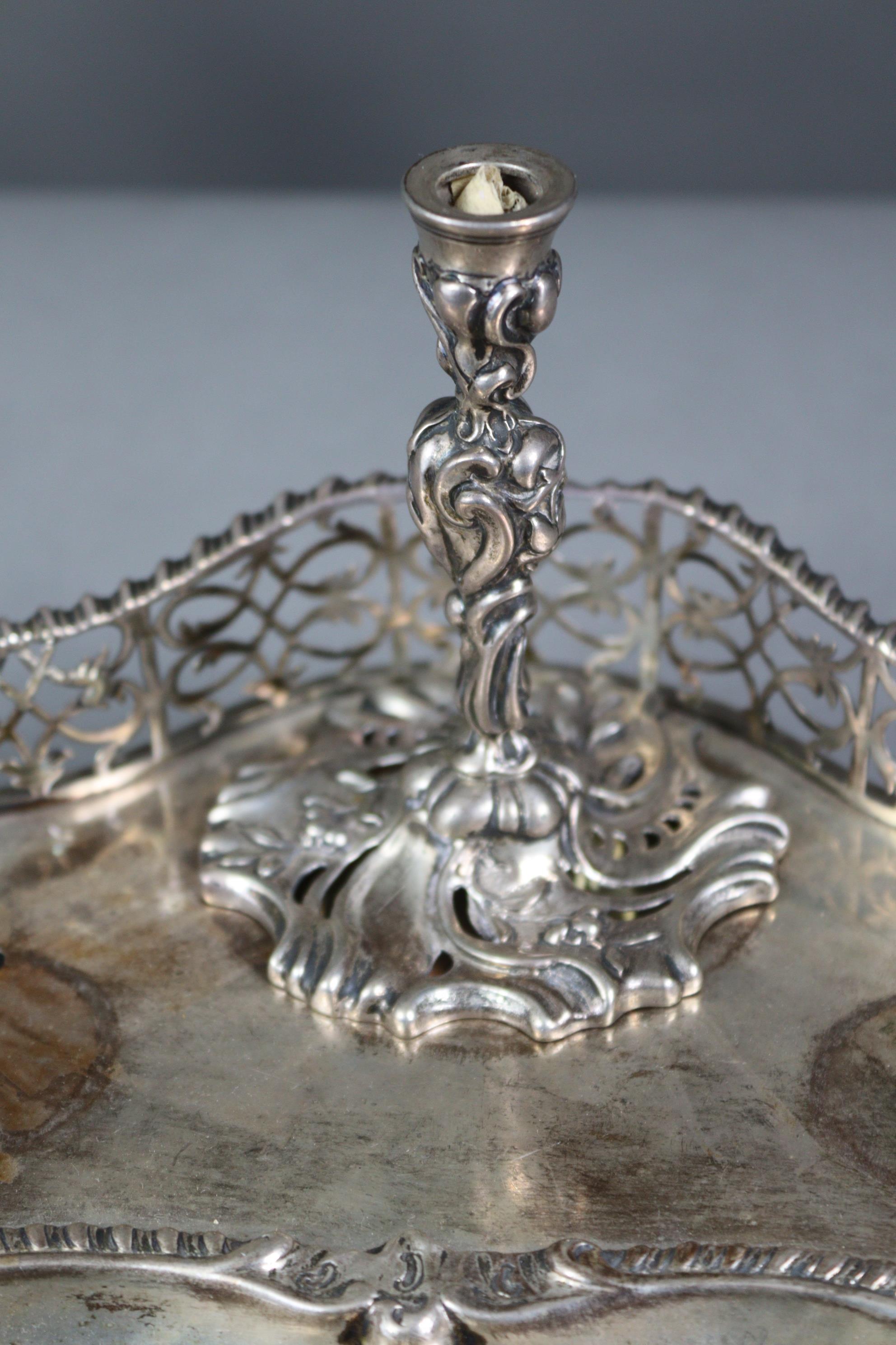 A Victorian silver inkstand of serpentine shape, with pierced gallery, fitted two glass inkwells - Image 4 of 6