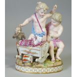 A Meissen porcelain figure group after Schönheit of ‘Two putti playing with a cradle and a monkey
