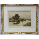 THOMAS PYNE (1843-1935). A river landscape with cattle grazing in the distance; signed & dated