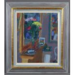 ROY FREER, NEAC, ROI, RI (b. 1938). Still life with flowers in a room interior. Signed lower