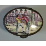 An 18th century turquoise enamel oval snuff box, with painted scene “Wrestling” to the hinged lid,