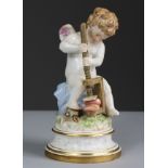 A Meissen porcelain figure of Cupid pressing two hearts together in a clamp, on round simulated