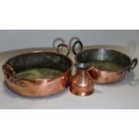 Two large 19th century copper preserve pans, 15” & 17” diam.; & a ditto “Quart” measure, 6¾” high.