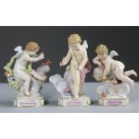 A SET OF THREE MEISSEN FIGURE OF CUPID, engaged in various pursuits, each on triangular base with
