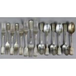 A set of six late Victorian Fiddle pattern dessert spoons; five matching dessert forks; & three
