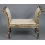 A 20th century Louis XVI style window seat, upholstered striped silk damask, with scroll sides, in