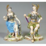 A pair of Meissen porcelain figures of Mars and Minerva, each dressed in armour & seated on a tree