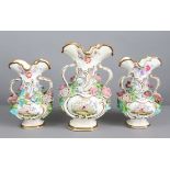 A garniture of three early/mid-19th century English porcelain two-handled vases of baluster form