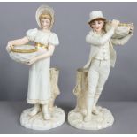 A pair of Royal Worcester porcelain ivory & gilt standing male & female figures, the faces & arms