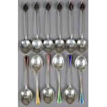 A set of six George VI silver Harlequin coffee spoons with coloured enamel stems, Birmingham 1938