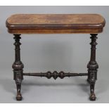 A Victorian burr-walnut veneered card table, the rectangular fold-over top with rounded corners,