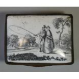 An 18th century white enamel rectangular snuff box, the hinged lid with monochrome decoration of