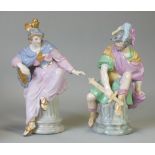 A pair of Berlin porcelain male & female figures of Achilles & Minerva, each seated on a fluted