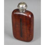 A George V NOVELTY SILVER-MOUNT GLASS SPIRIT FLASK, covered in tan crocodile skin case, the silver