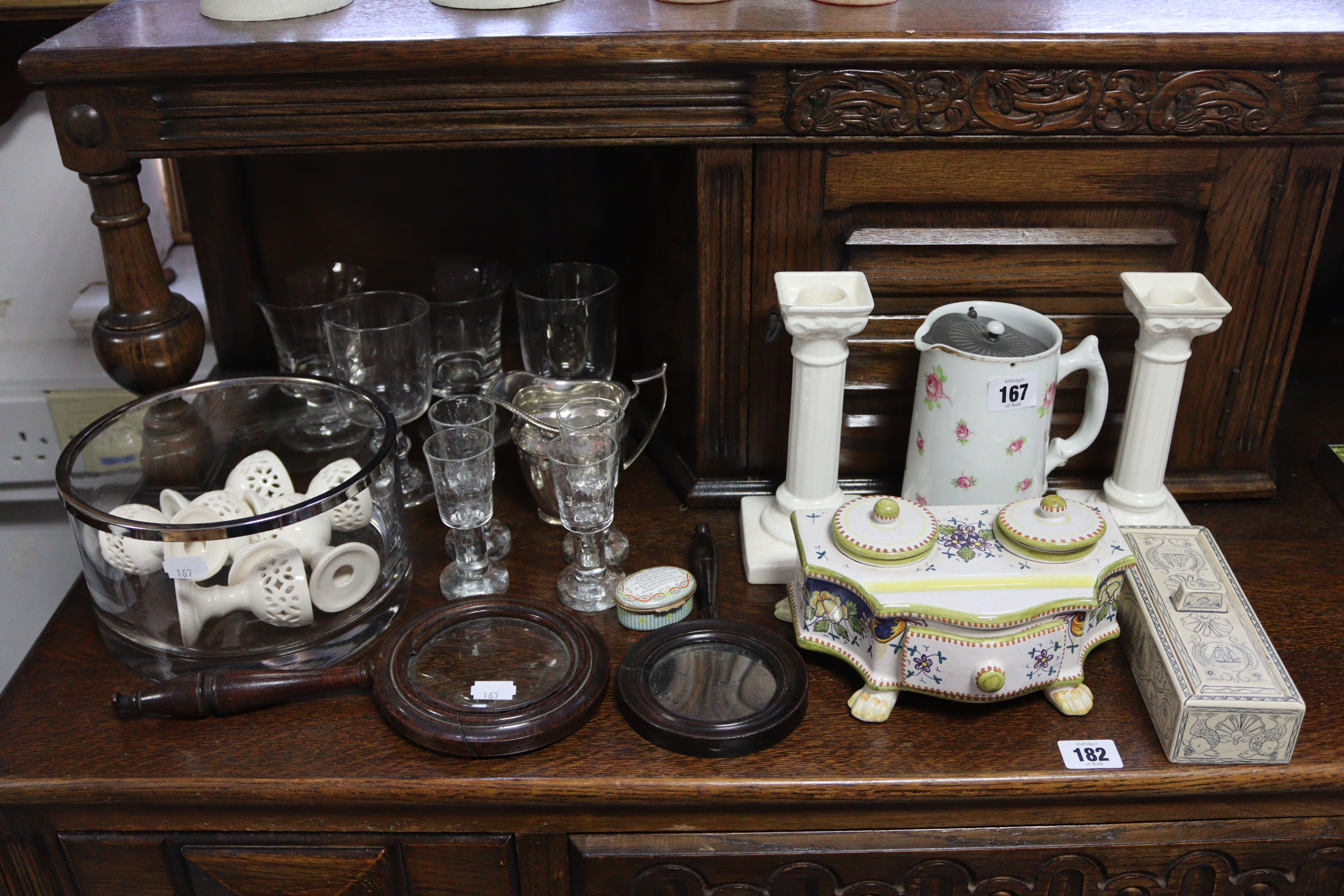 A 19th century rosewood frame magnifying glass & similar hand mirror; a Portuguese hand painted