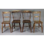 A pair of spindle-back kitchen chairs with hard seats, & on ring-turned legs with spindle