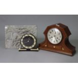 An Edwardian mantel clock with silvered dial, striking movement, & in inlaid-mahogany case, 10½”