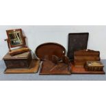 Five various wooden tea trays; a small toilet mirror; a trinket box; & sundry other items.