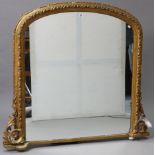 A late 19th/early 20th century gilt gesso overmantel mirror with foliate border, beaded edge, &