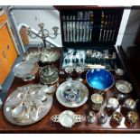 A part canteen of plated & stainless-steel cutlery in mahogany case; & various other items of plated