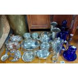 A silver plated matched three-piece tea service; & various other items of platedware & coloured
