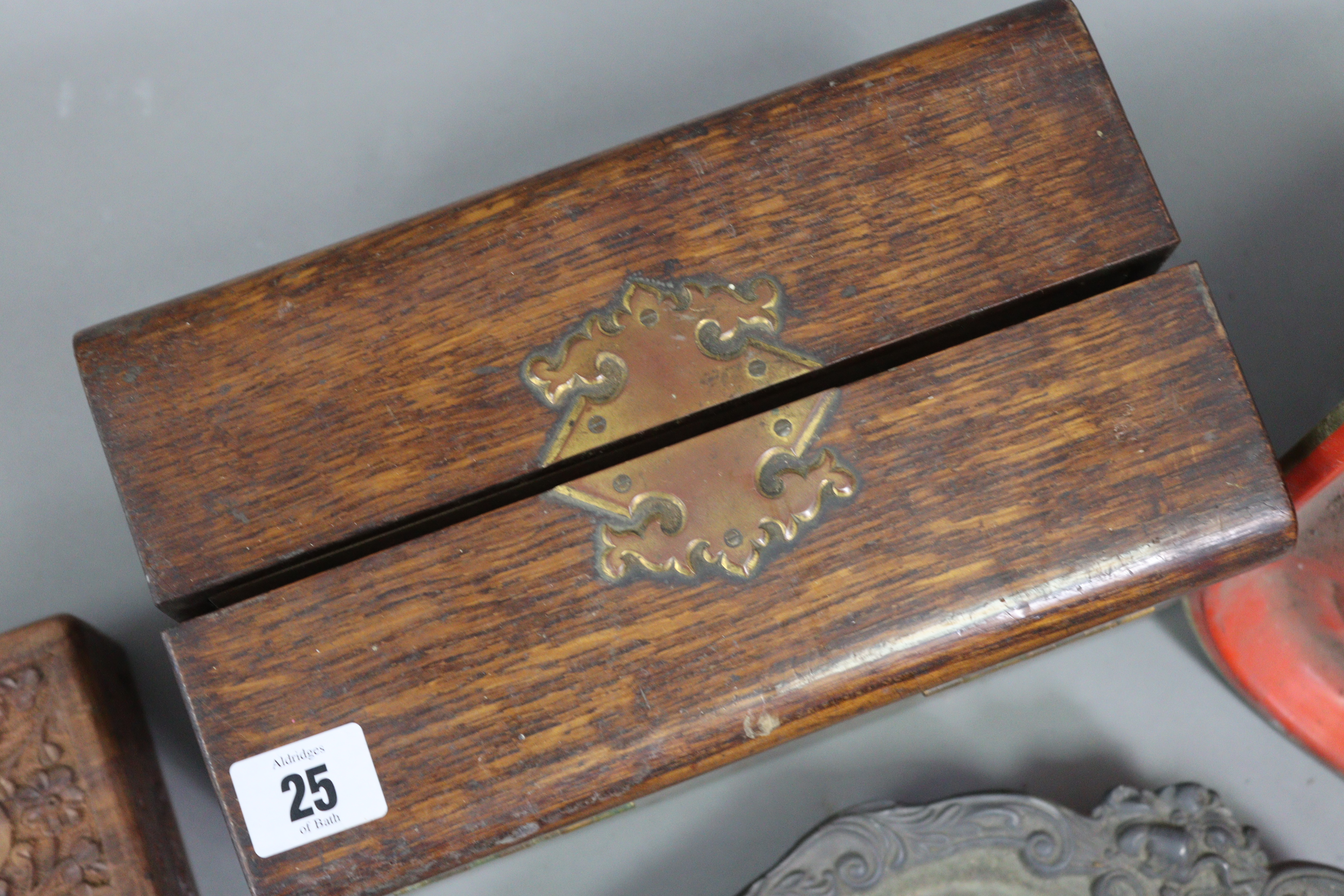 A 19th century oak trinket box with brass mounts, 10¼” wide x 6½” high; together with various - Image 2 of 5