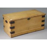 A steel-bound pine blanket box with a hinged lift-lid, & with iron side handles, 33” wide x 14½”