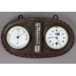 An early 20th century barometer/thermometer timepiece, mounted on a carved oak plaque, 12” wide x