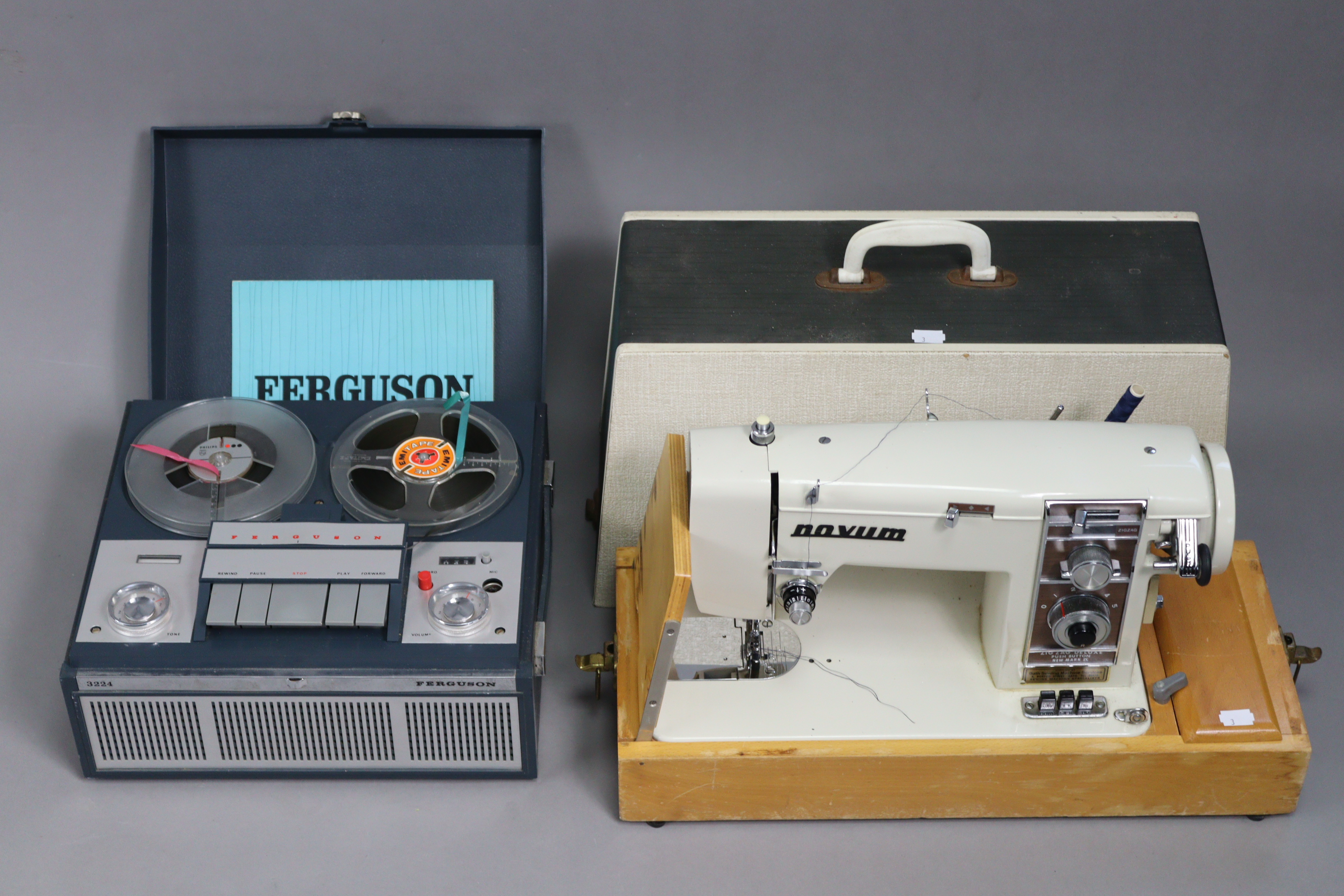 A Ferguson “3224” reel-to-reel portable tape recorder, & a Novum Zig Zag deluxe electric sewing
