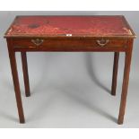 A mahogany writing table inset gilt-tooled crimson leather, fitted frieze drawer, &