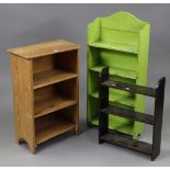 A small pine three-tier standing open bookcase, 20½” wide x 31” high; together with a green