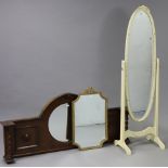 A cream-painted oval cheval mirror inset bevelled plate, 56” high; a gilt frame rectangular wall