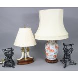 An oriental-style ceramic ovoid table lamp of white ground & with goldfish decoration, 31½” high;