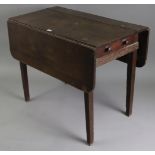 A late 19th/early 20th century oak drop-leaf table, fitted end drawer, & on square tapered legs,