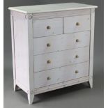 A white painted pine chest, fitted two short & three long drawers with turned knob handles, 35” wide